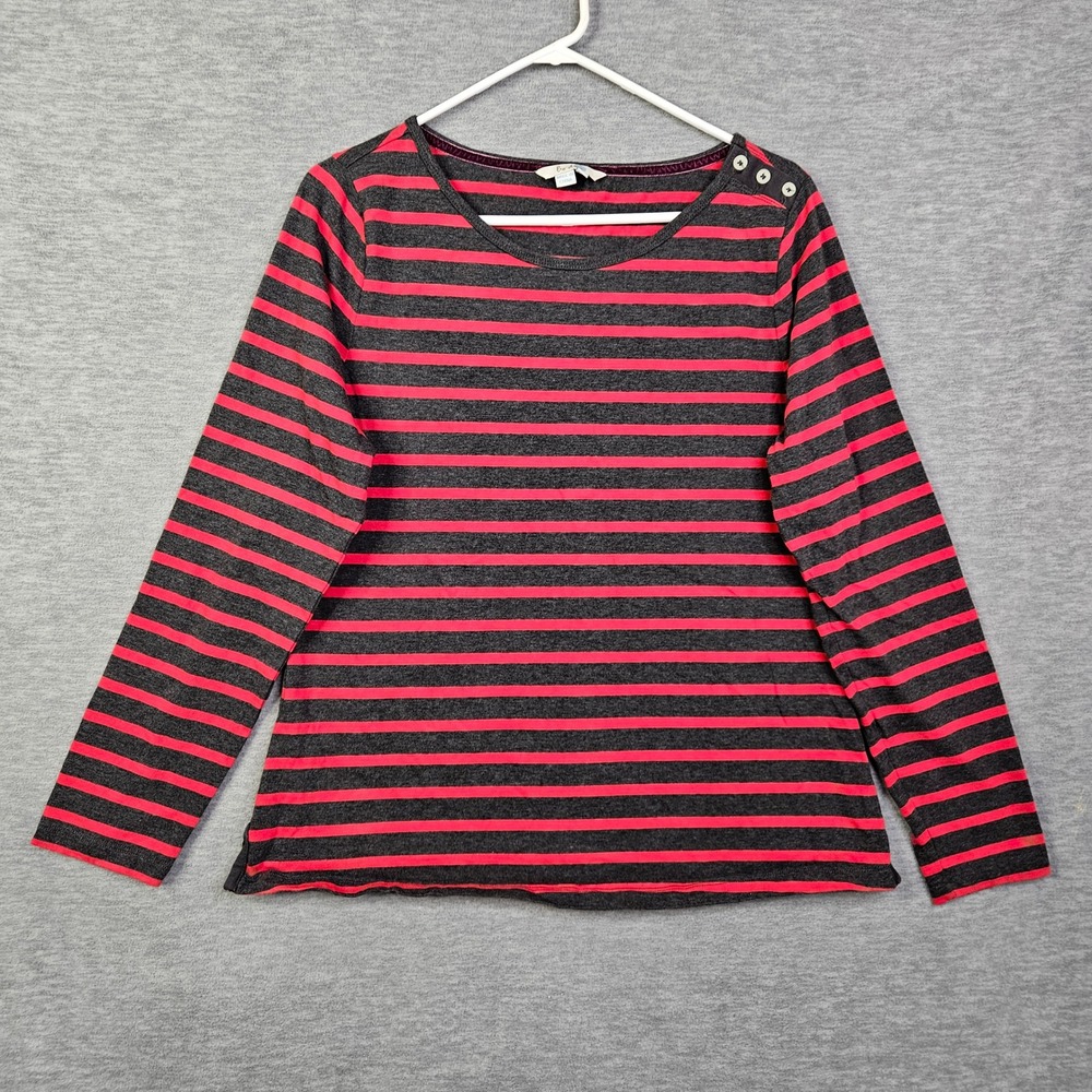 Boden Women's Striped Long Sleeve Cotton Top Grey Pink Button Shoulder Size 12